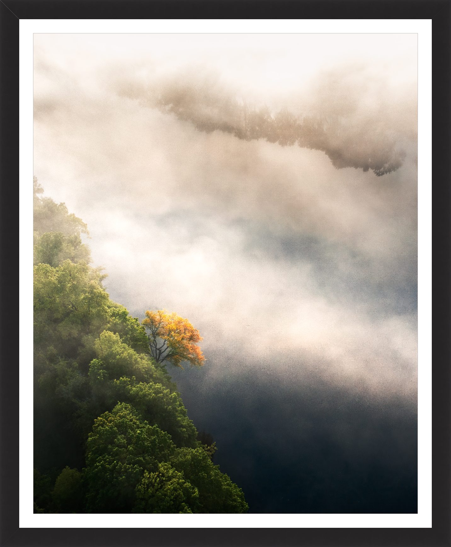 Load image into Gallery viewer, yellow tree on the foggy river by Jamie Malcolm Brown
