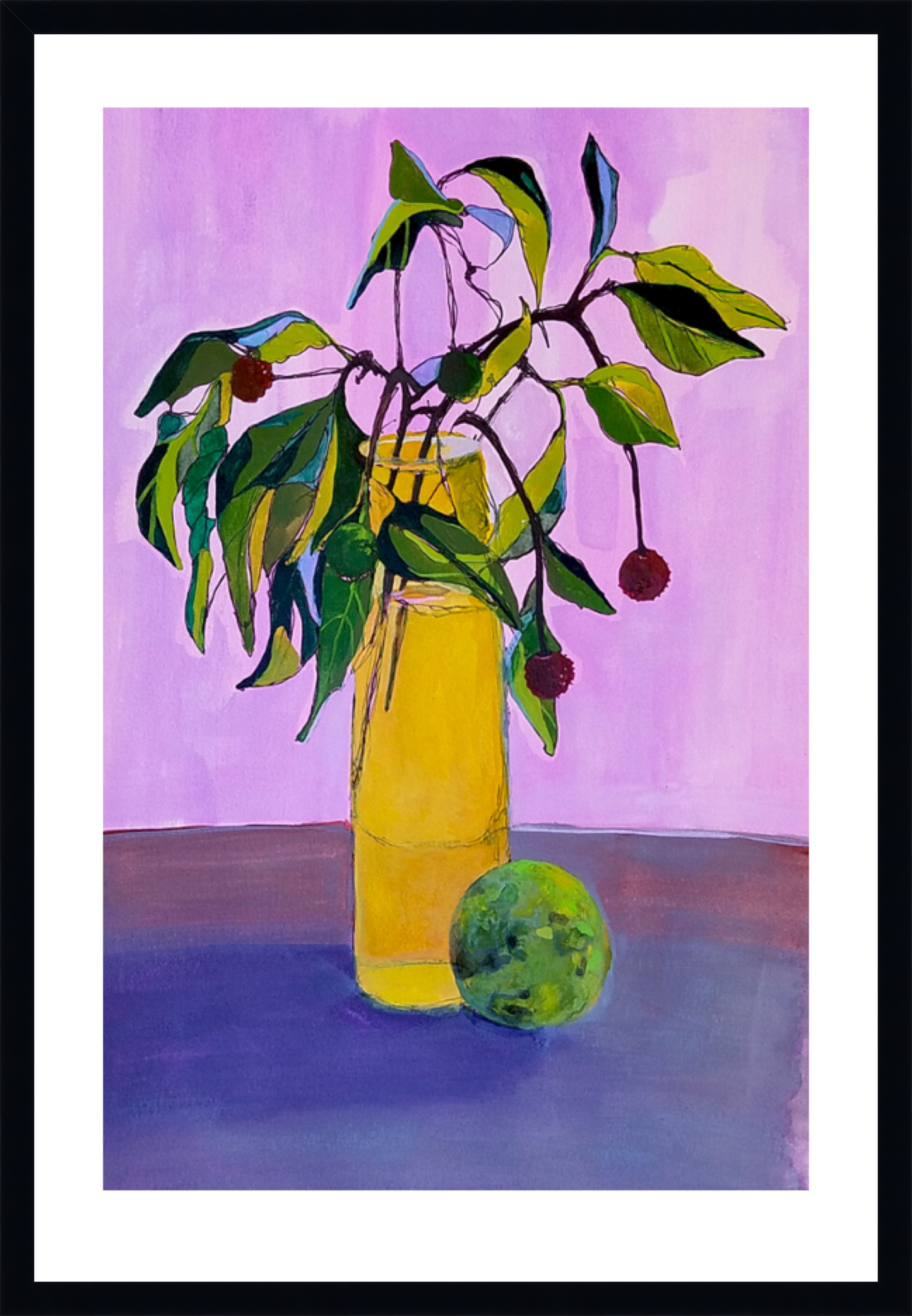 Summer To Fall: Kousa Fruit (Cornus kousa) with Green Apple - print by Malaika Ross
